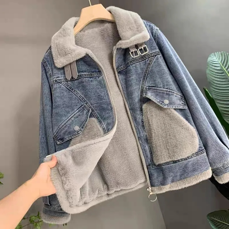 Patchwork Jean Jacket - Faux Mink Velvet Stitching Denim Jacket