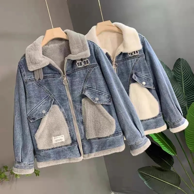 Faux Mink Velvet Stitching Den - Patchwork Jean Jacket 评论和价格