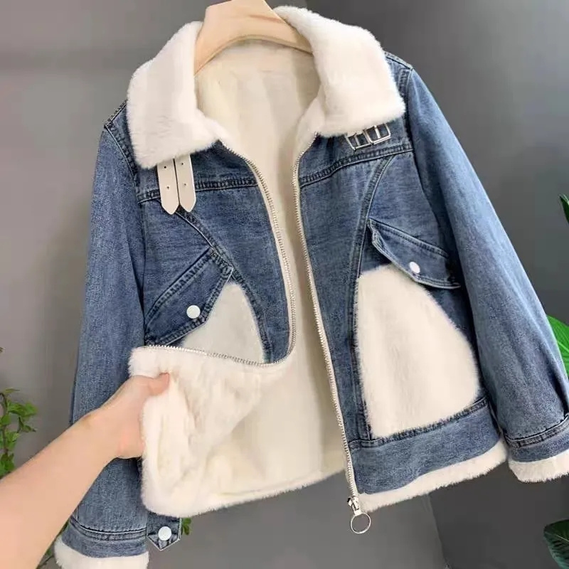 Faux Mink Velvet Stitching Den - Patchwork Jean Jacket 评论和价格