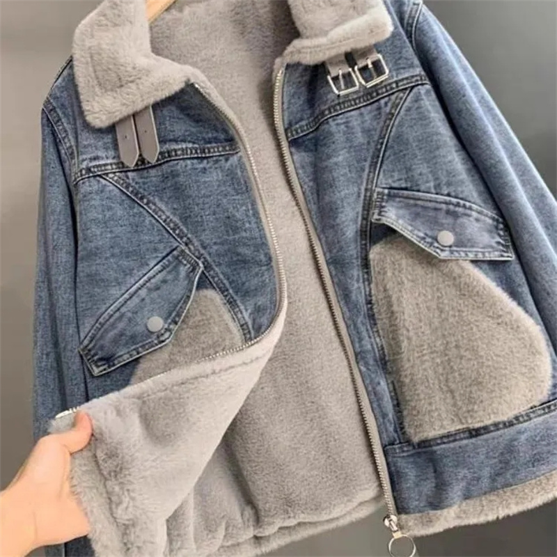 Faux Mink Velvet Stitching Den - Patchwork Jean Jacket 评论和价格