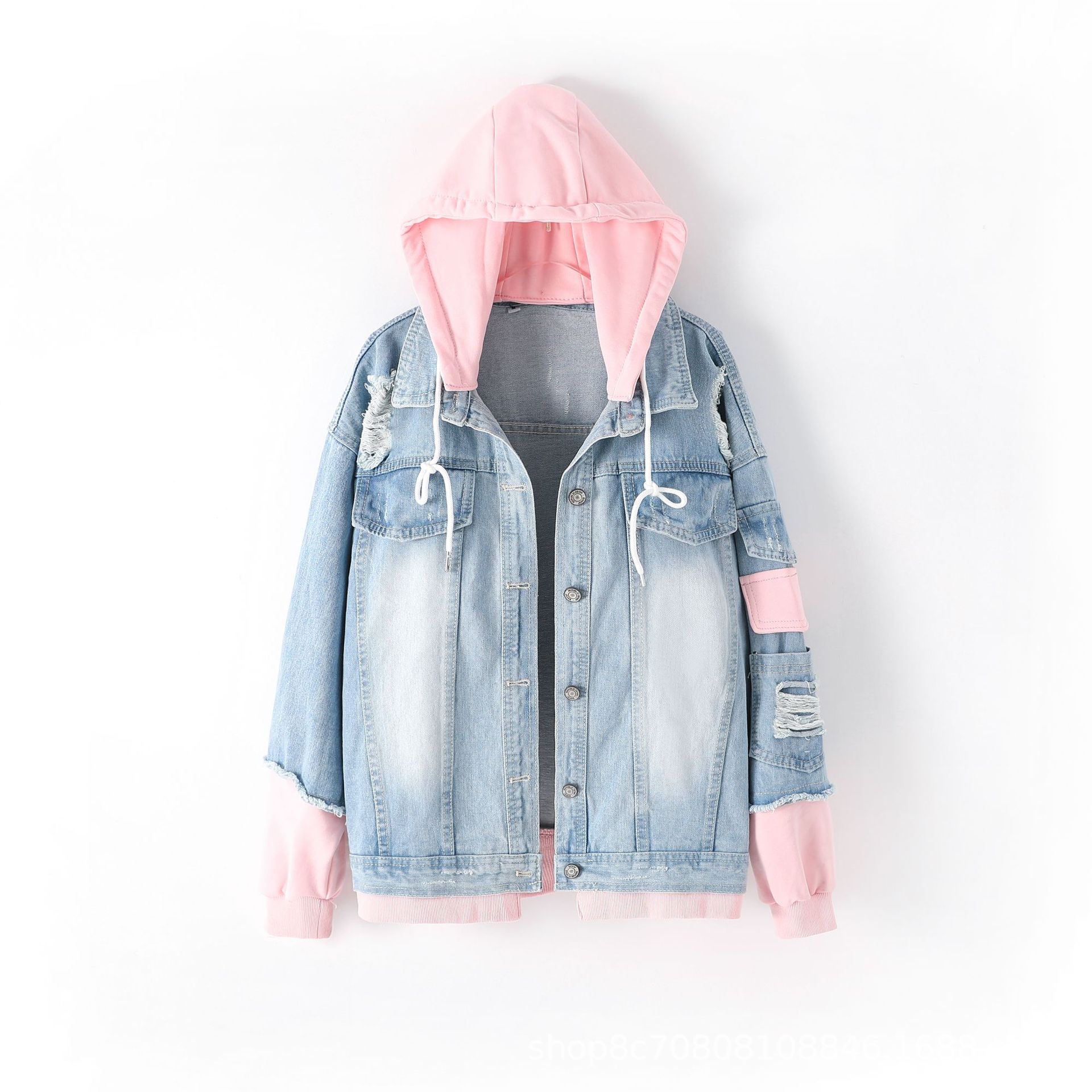 European Style Loose Hooded Pa - Patchwork Jean Jacket 评论和价格