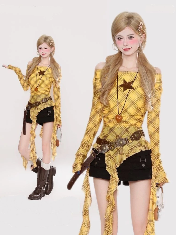 Y2K Plaid Slash Neck Vintage T - Vintage Fashion Y2K 评论和价格