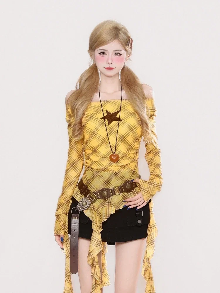 Y2K Plaid Slash Neck Vintage T - Vintage Fashion Y2K 评论和价格