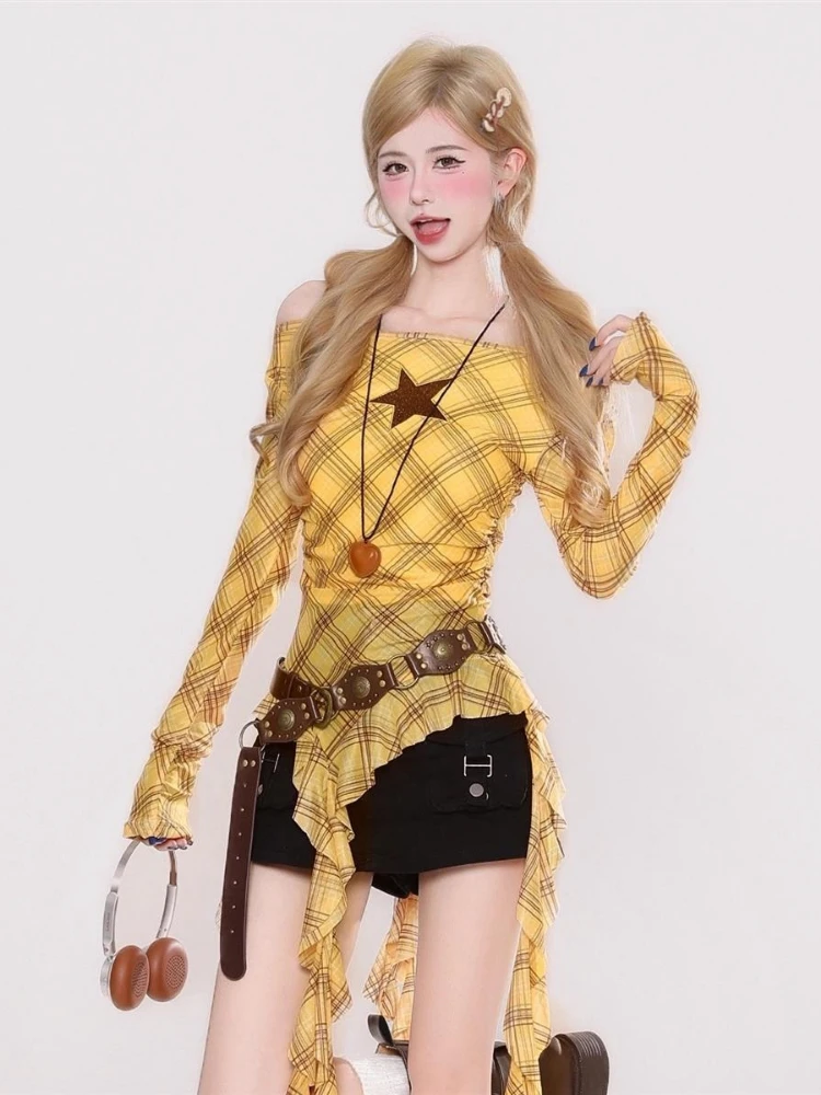 Y2K Plaid Slash Neck Vintage T - Vintage Fashion Y2K 评论和价格