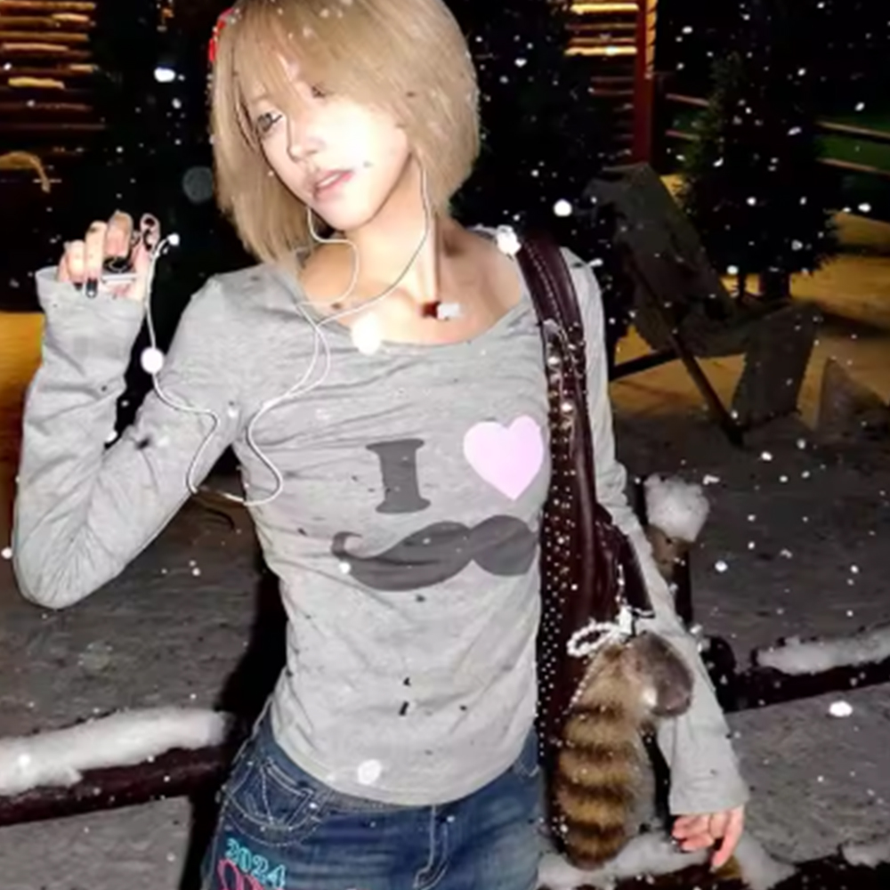 Japanese Y2K Beard Print T-Shi - Vintage Fashion Y2K 评论和价格