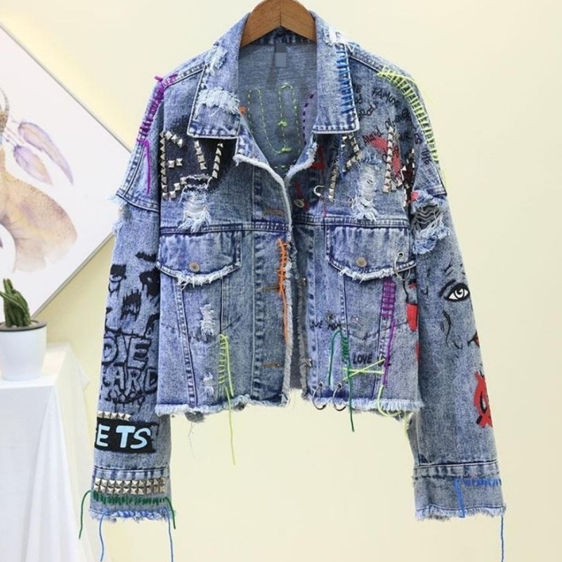 Trendy Graffiti Casual Denim S - Patchwork Jean Jacket 评论和价格