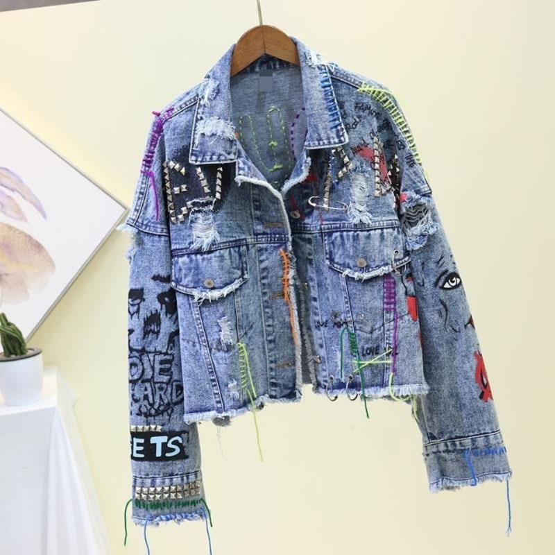 Trendy Graffiti Casual Denim S - Patchwork Jean Jacket 评论和价格