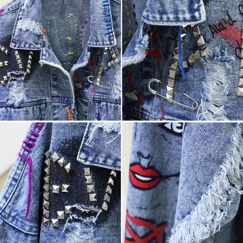Trendy Graffiti Casual Denim S - Patchwork Jean Jacket 评论和价格