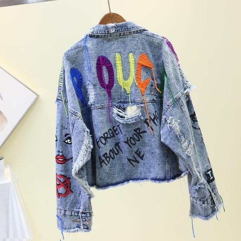Trendy Graffiti Casual Denim S - Patchwork Jean Jacket 评论和价格